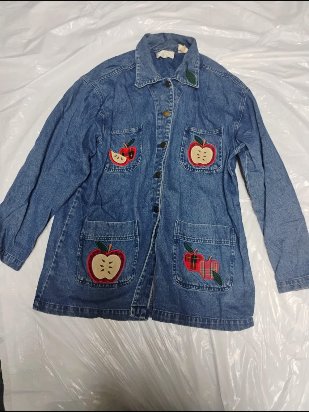 Mandala Bay Girls' Blue Denim Jacket with Apple Appliqués